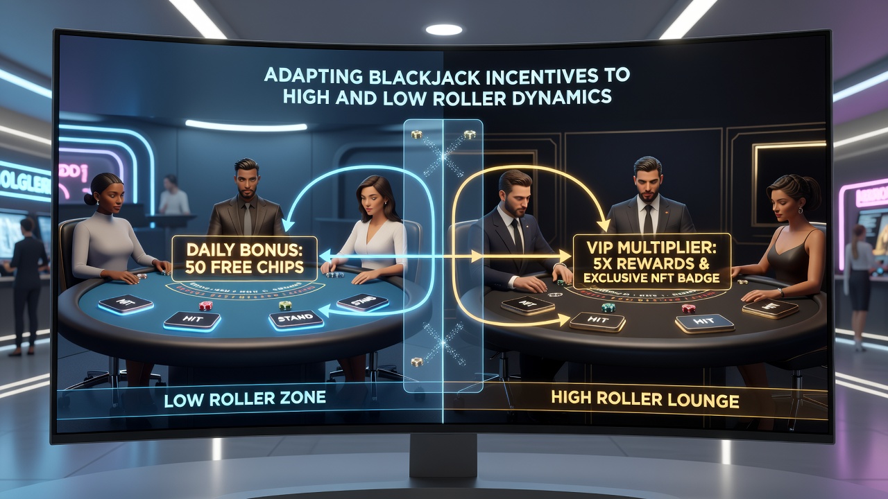 Comparison of high-stakes and casual blackjack sessions in a virtual casino lobby