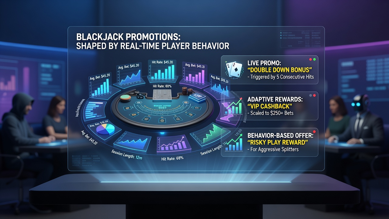 Analytics dashboard showing customized blackjack promotions triggered by live player activity patterns