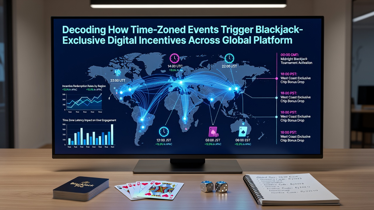 Digital interface displaying blackjack incentives mapped across multiple time zones