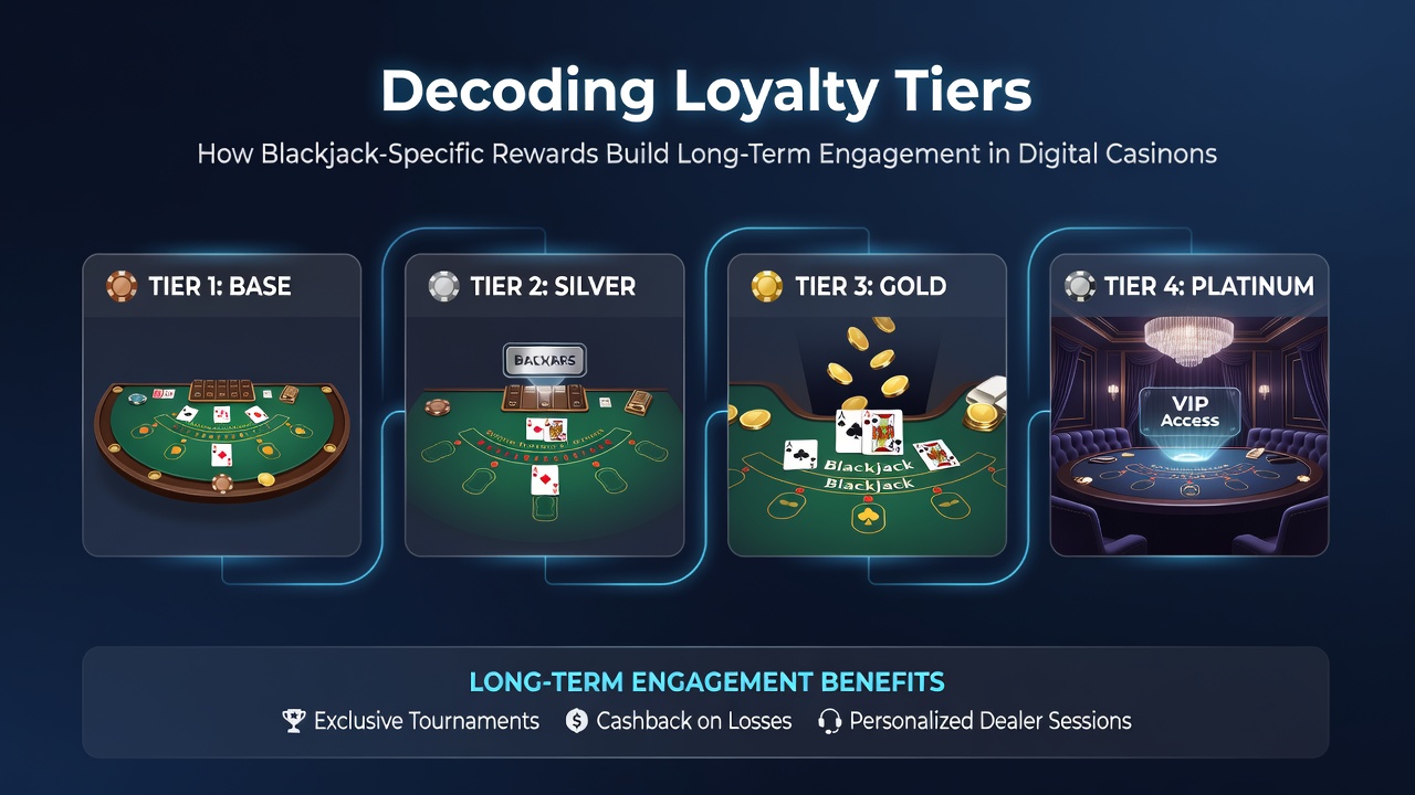 Diagram showing progression through blackjack loyalty tiers with reward examples at each level