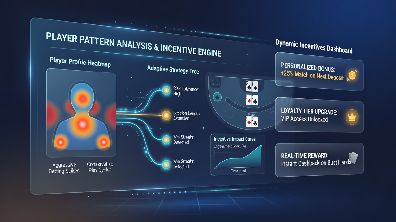 Analytics dashboard illustrating player pattern segmentation and automated reward calibration in blackjack platforms