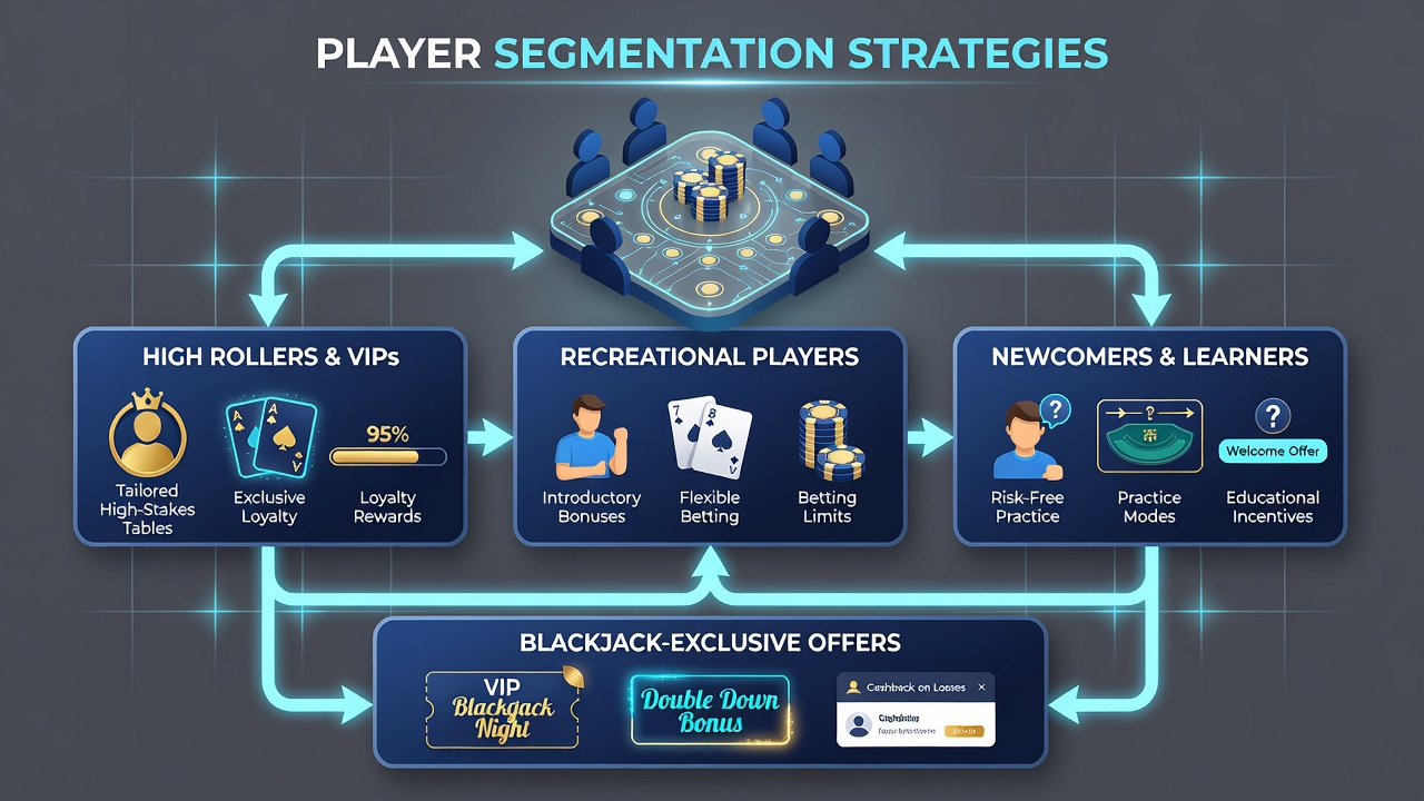 Analytics dashboard displaying segmented player groups and blackjack-specific reward tiers