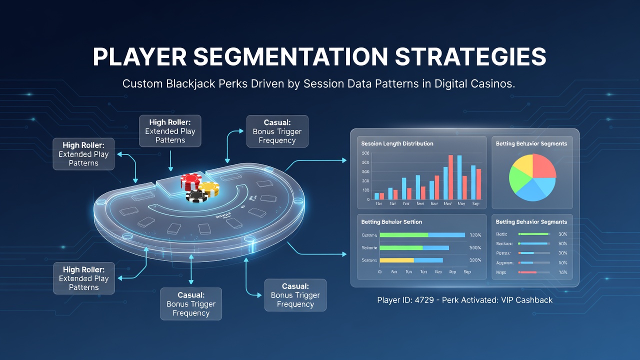 Digital casino interface displaying player session analytics dashboard with blackjack tables and segmented user data visualizations