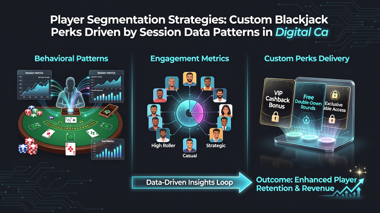 Abstract visualization of segmented player clusters in a digital blackjack environment with data flow arrows connecting session patterns to custom reward icons