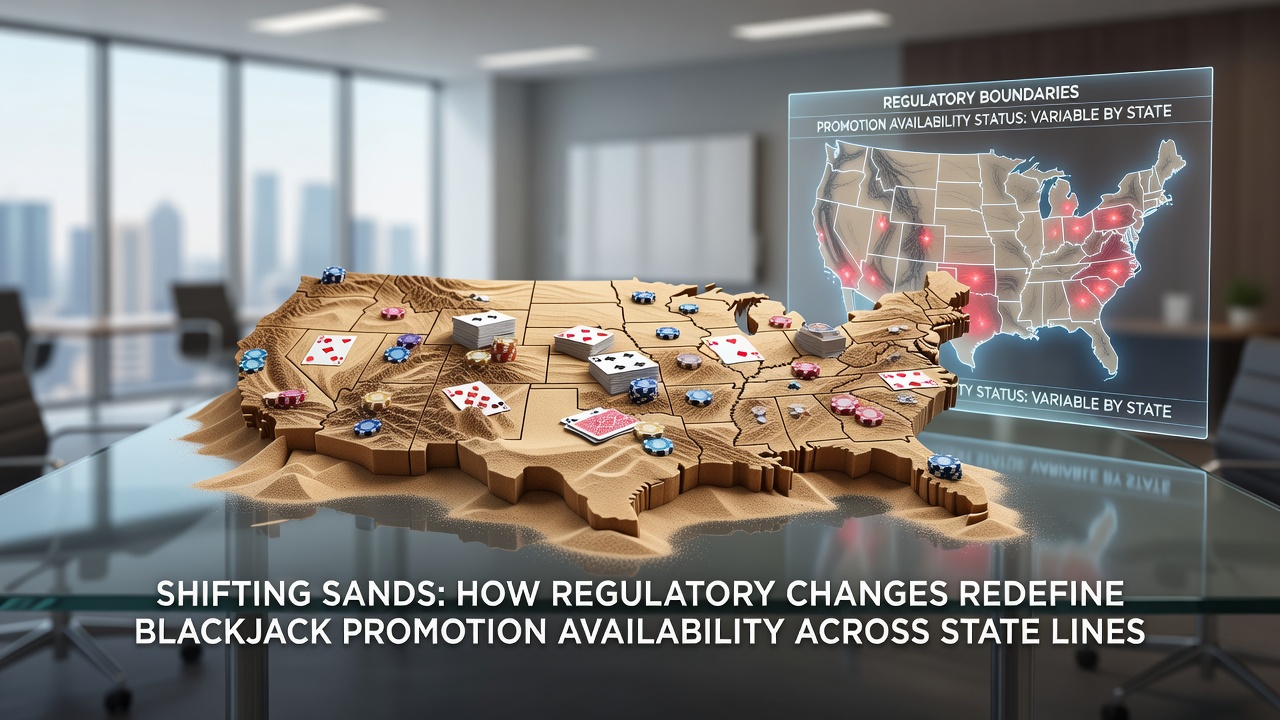 Regulatory documents and state maps illustrating blackjack promotion restrictions across different jurisdictions