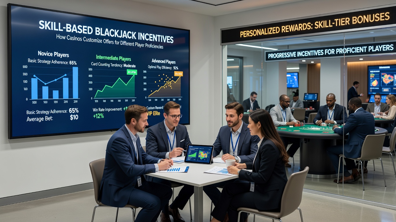 Data analytics dashboard displaying player proficiency metrics and customized blackjack reward tiers