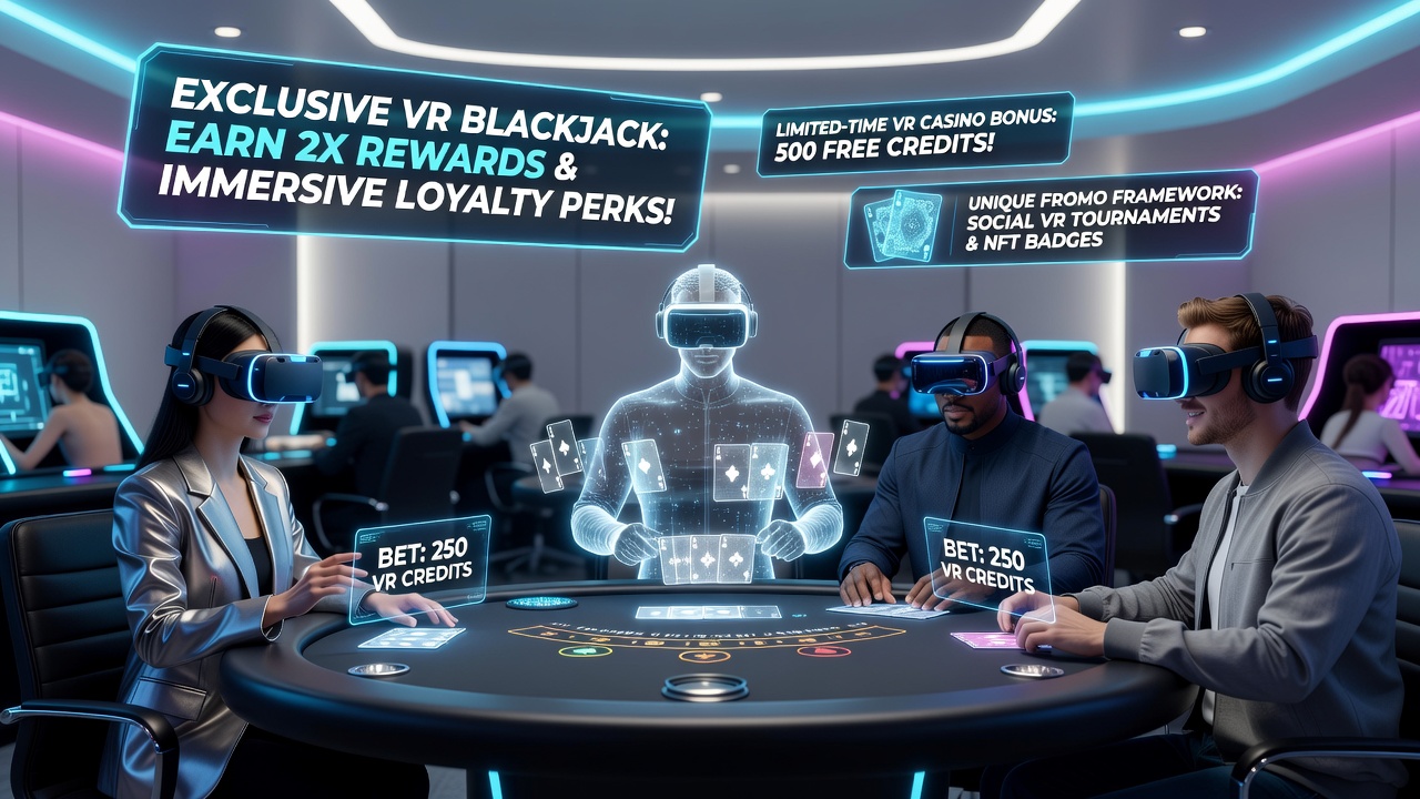 Virtual reality blackjack table in a simulated casino environment with players interacting through headsets