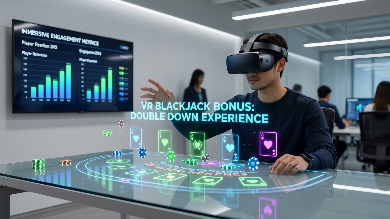 Players interacting with floating bonus elements inside a virtual reality blackjack lounge with dynamic lighting and spatial rewards