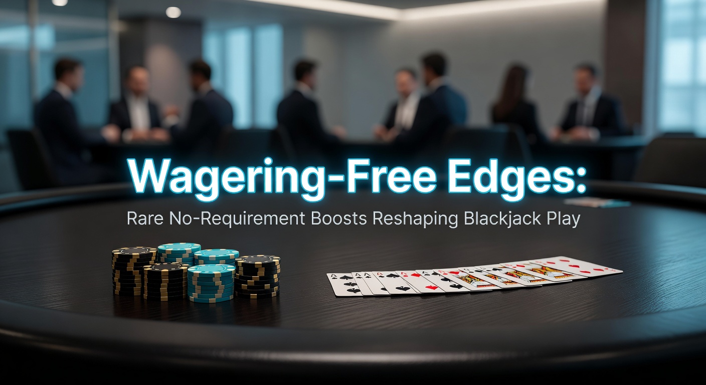 Digital screen displaying a no-wagering blackjack promotion banner, with bonus credits added to a player's account balance and withdrawal button highlighted, illustrating instant cash access